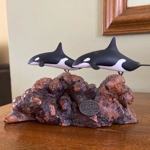 Vintage John Perry sculpture with Two Orcas. Handcrafted burlwood. 6” L x 3.5”H